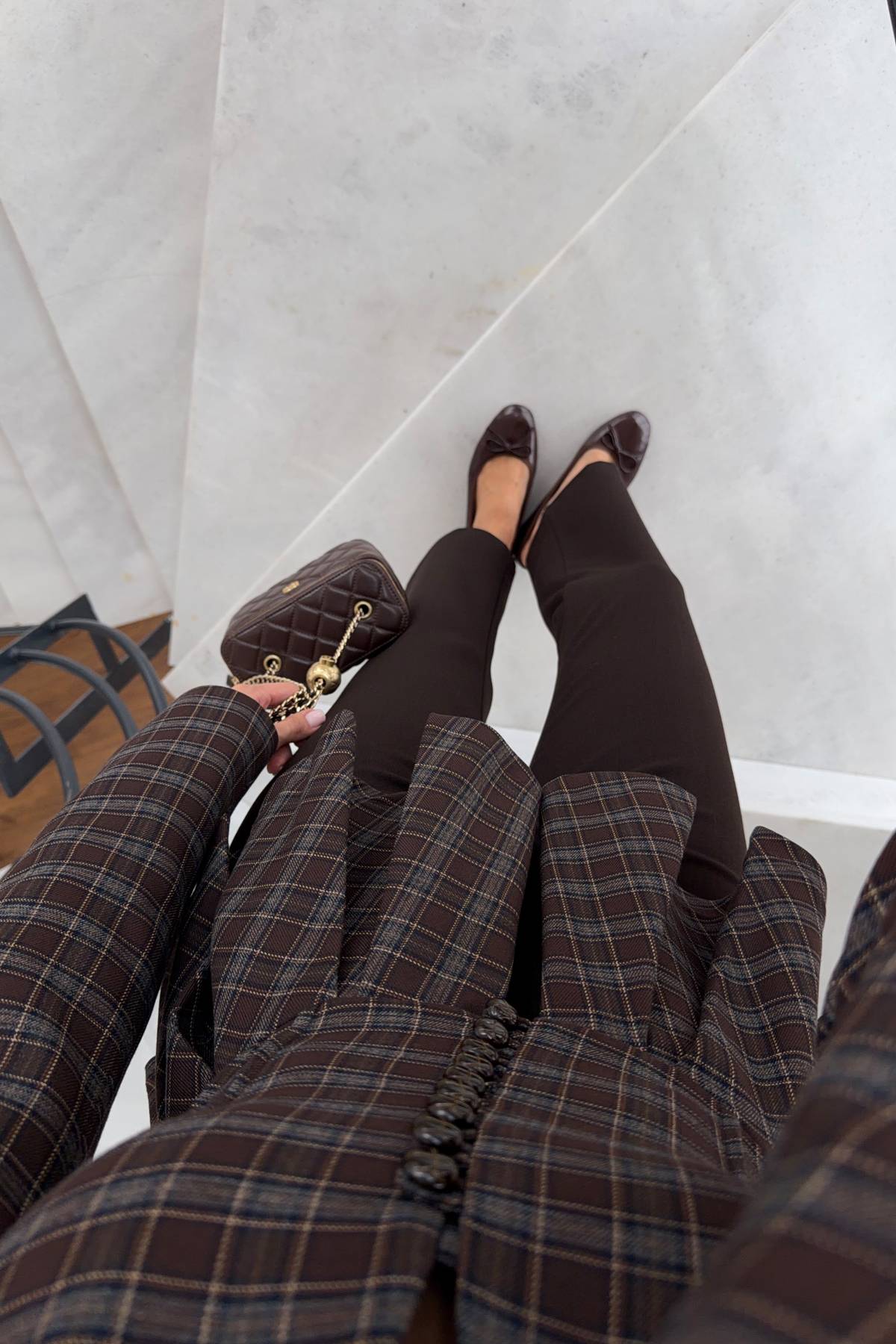 Brown Checked Pleated Peplum Jacket — photograph 4