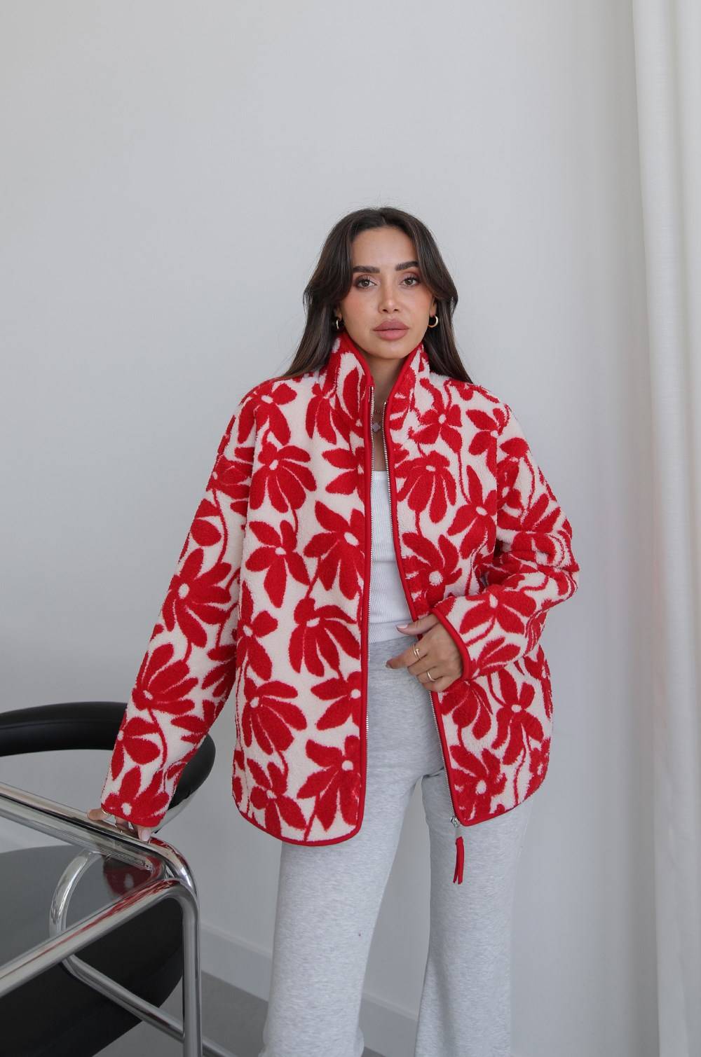 Red Floral Patterned Zip Polar Jacket — photograph 2