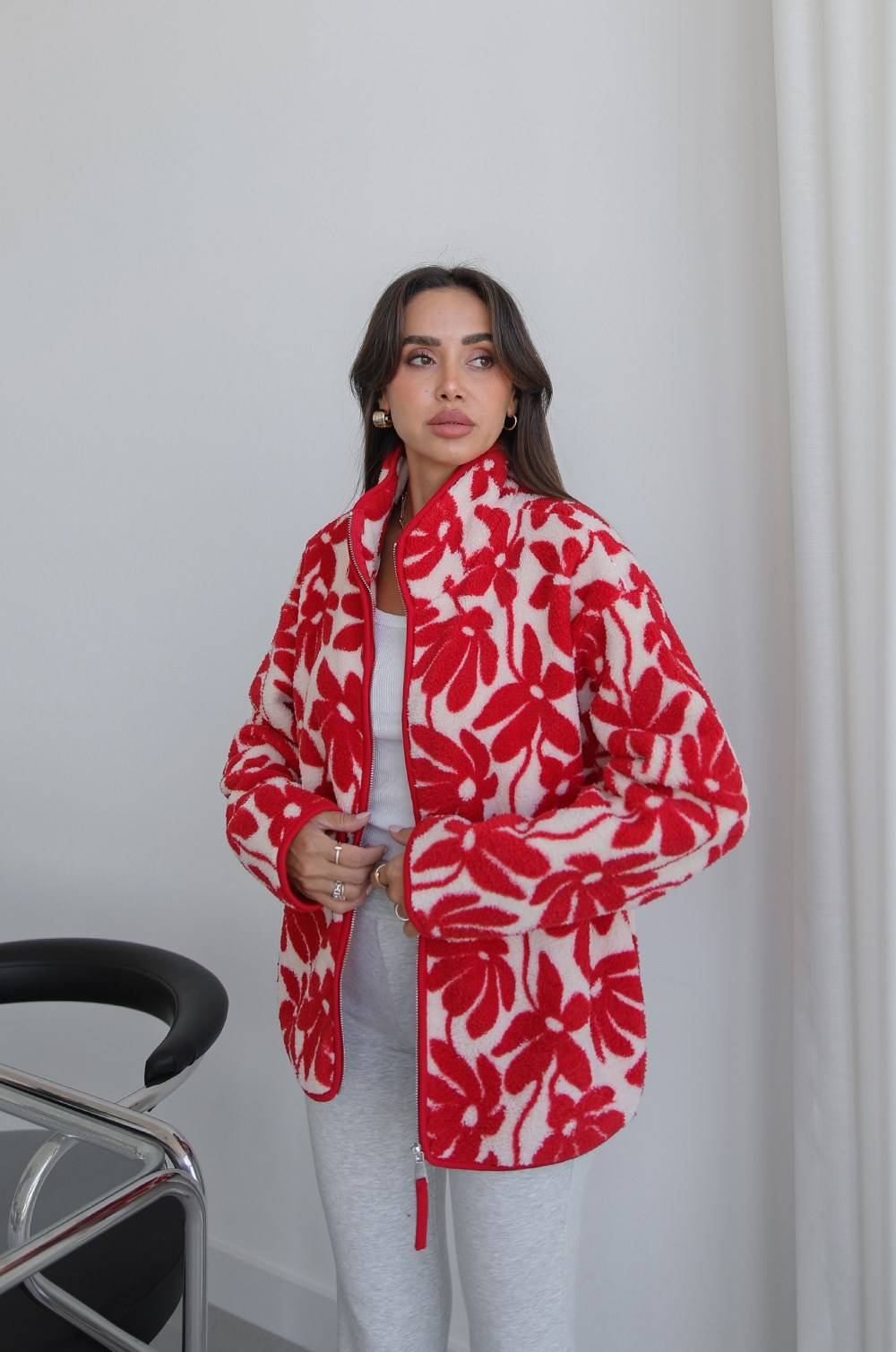 Red Floral Patterned Zip Polar Jacket — photograph 3