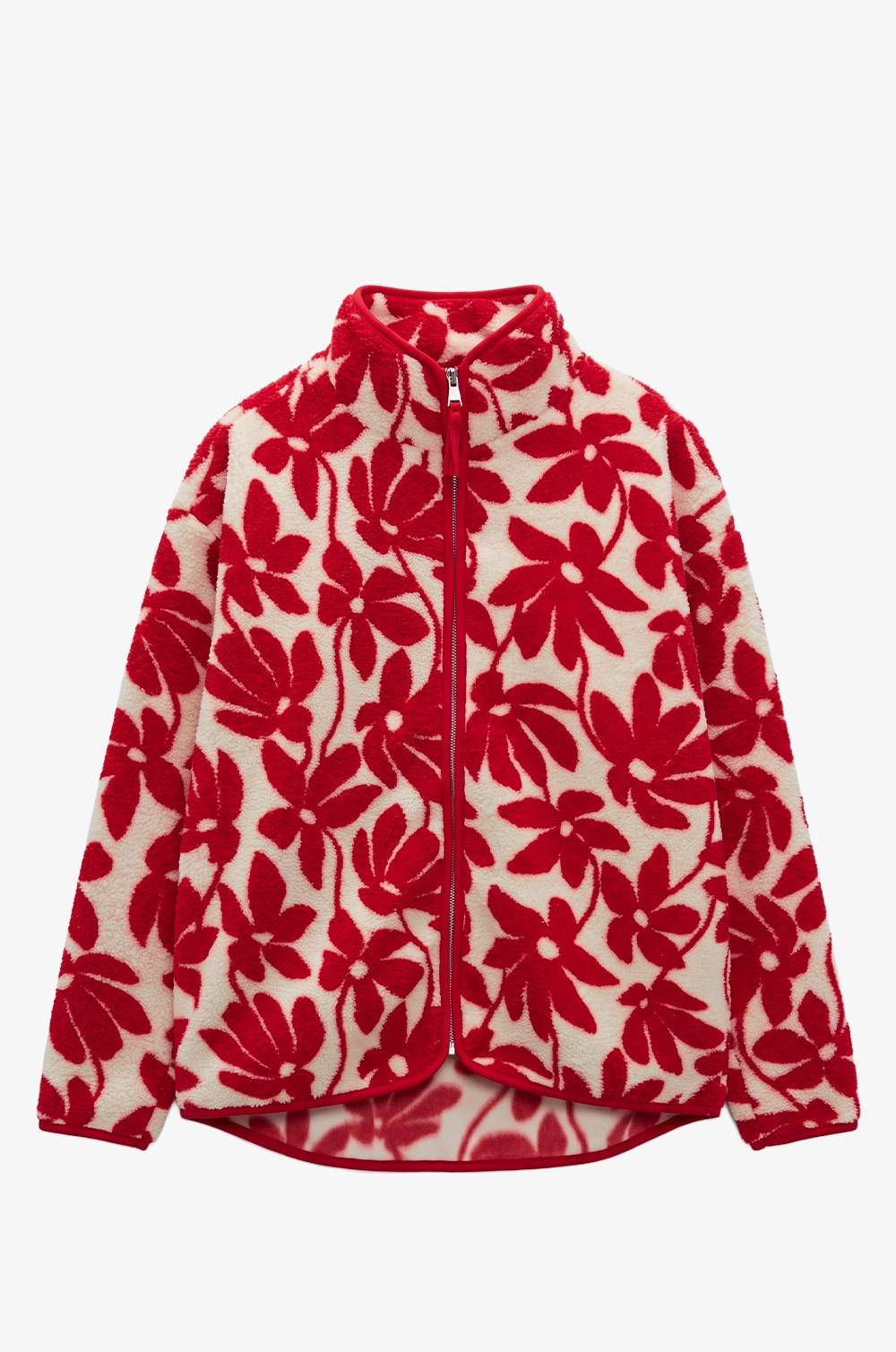 Red Floral Patterned Zip Polar Jacket — photograph 4