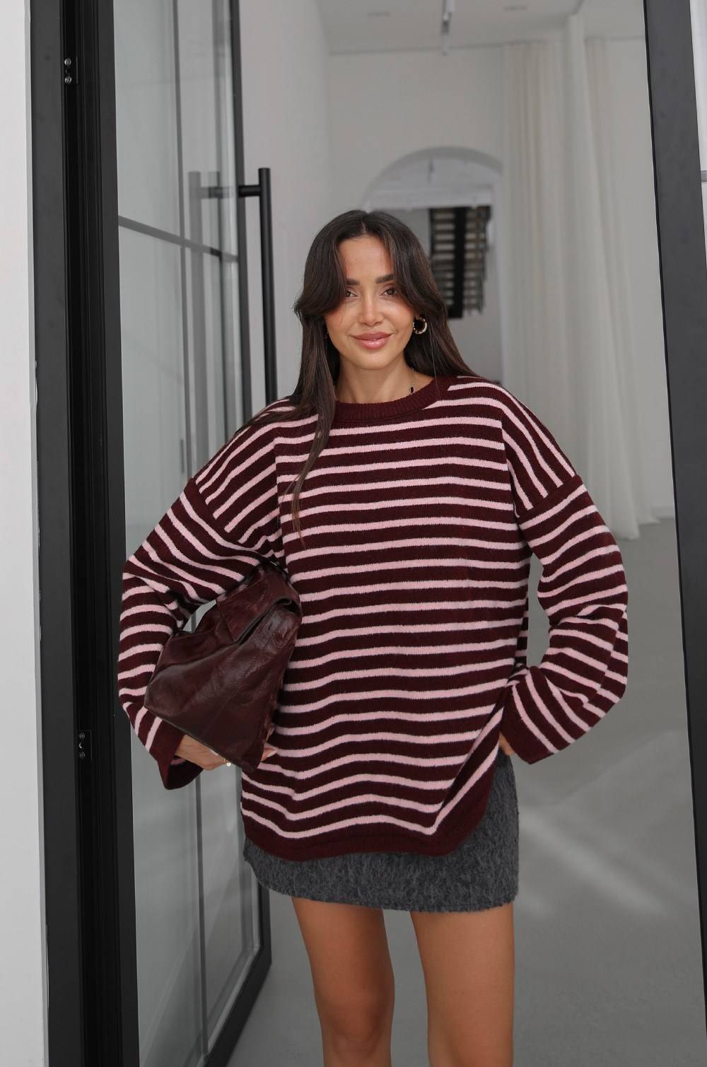 Burgundy Noyan Oversized Striped Knit Jumper — photograph 3