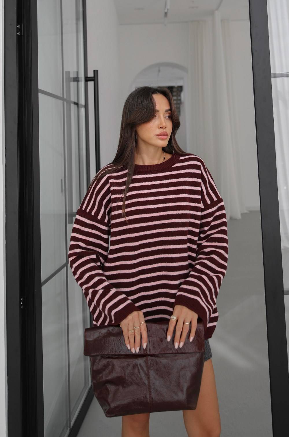 Burgundy Noyan Oversized Striped Knit Jumper — photograph 4
