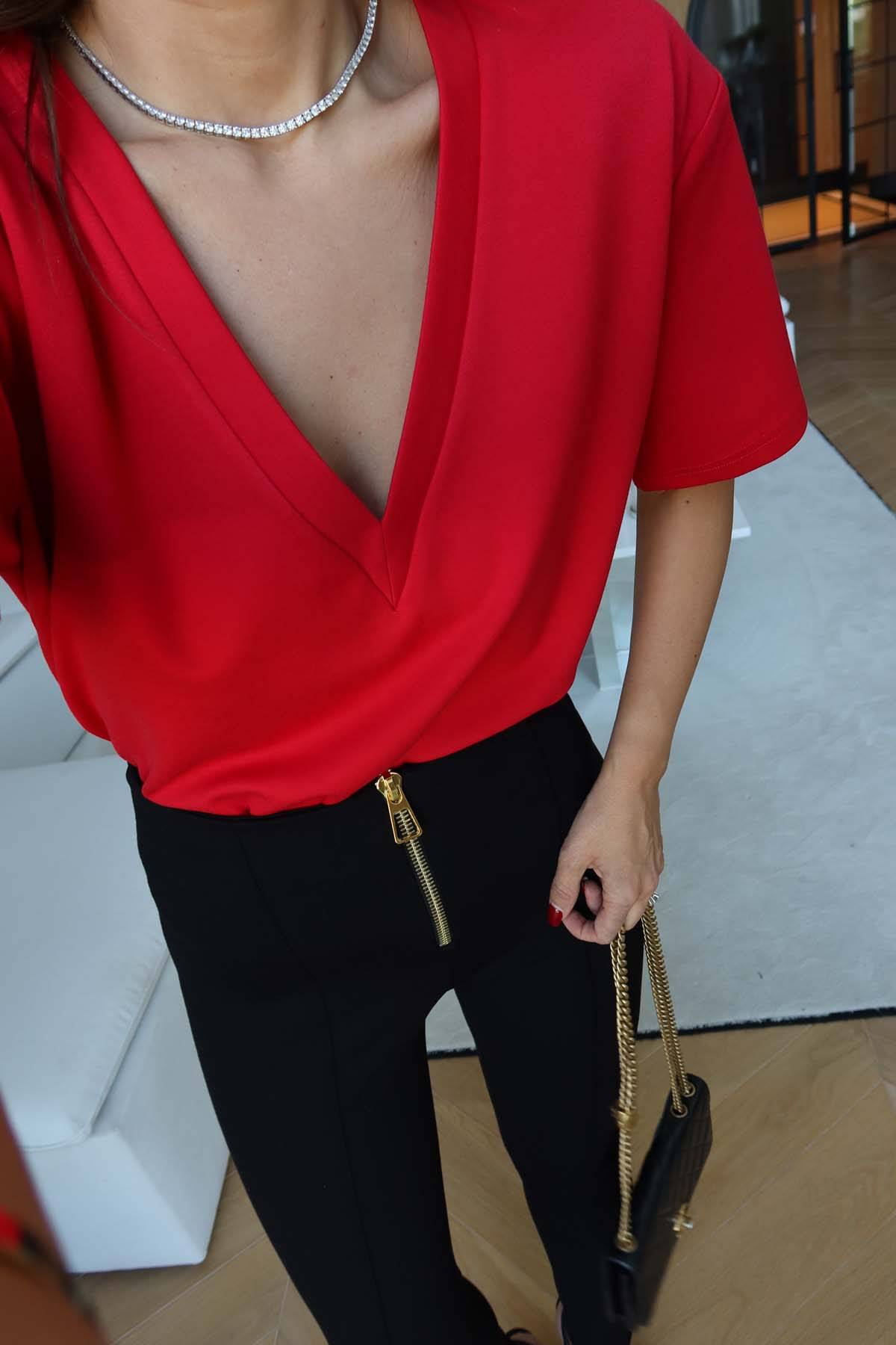 Shoulder Padded V-Neck Blouse — photograph 4