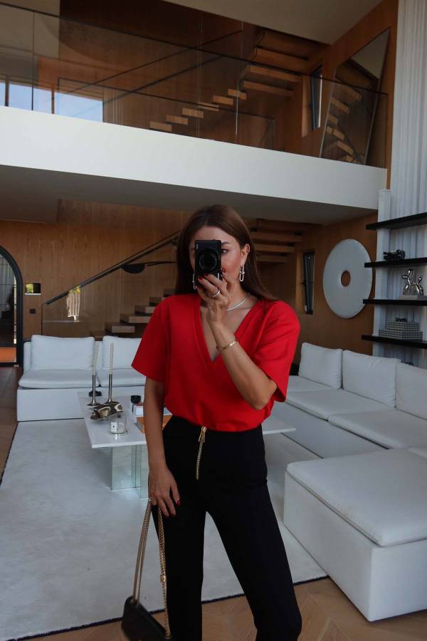 Shoulder Pad V Neck Blouse