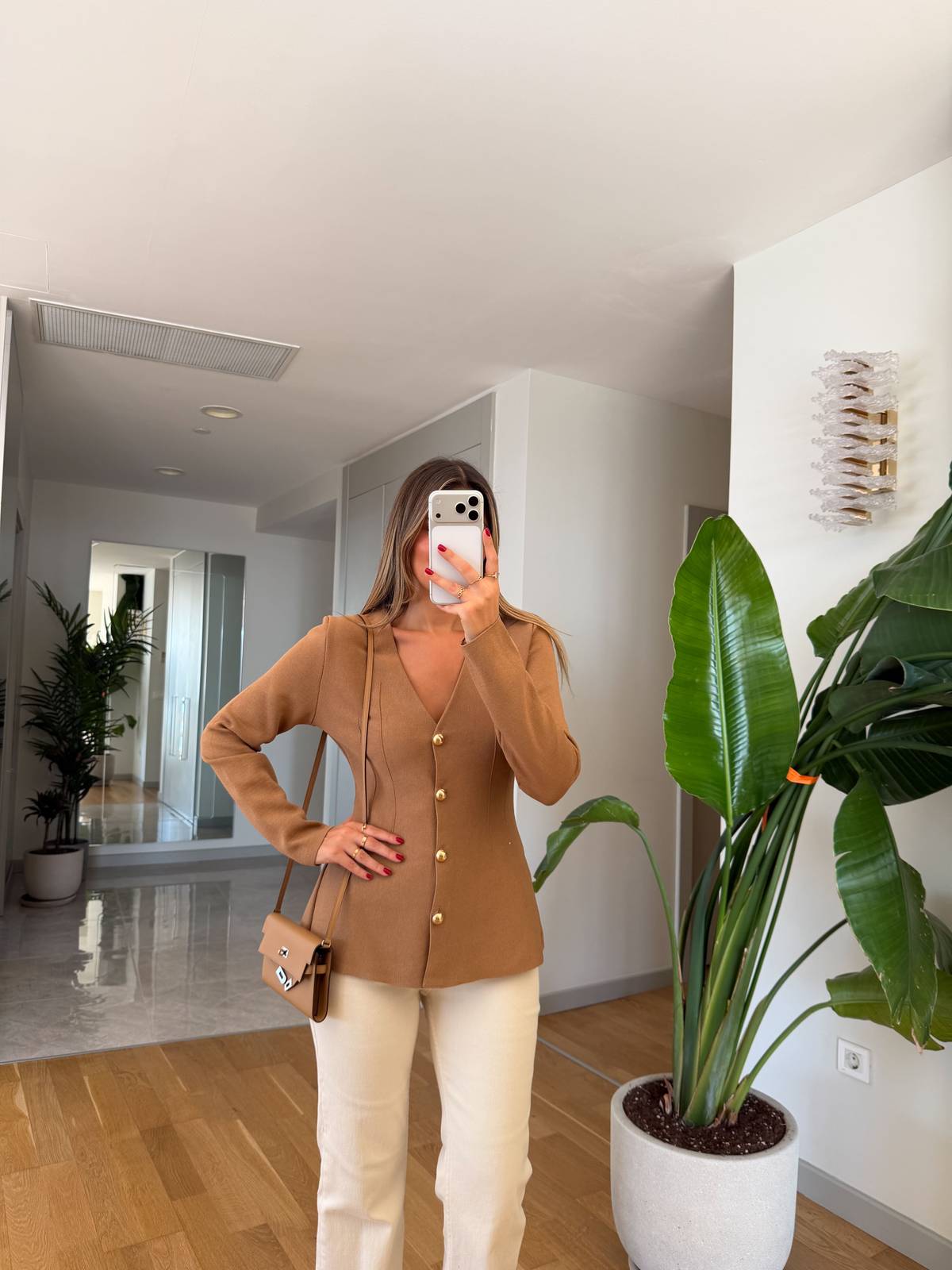 Camel Gold Button Cardigan — photograph 2