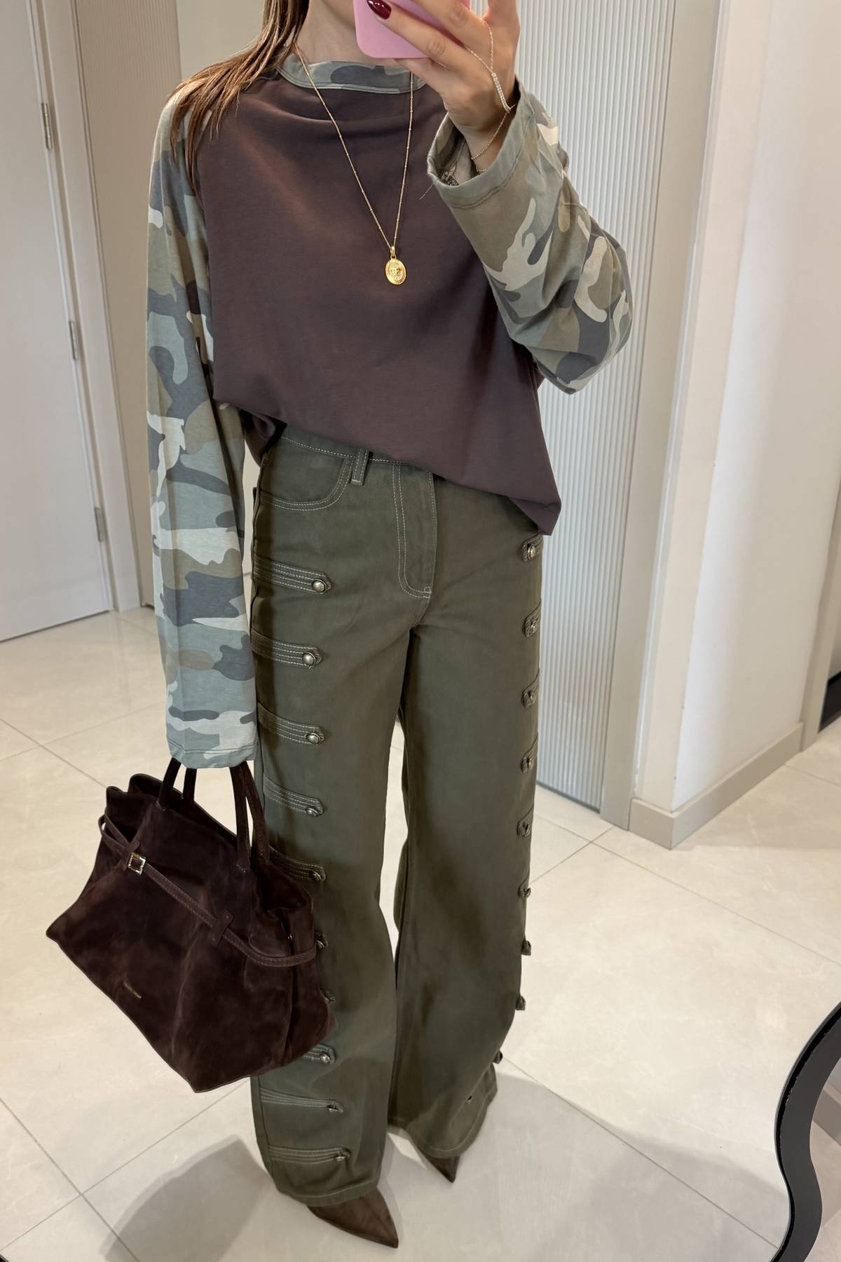 Evelyn Khaki Epaulette Palazzo Trousers — photograph 2