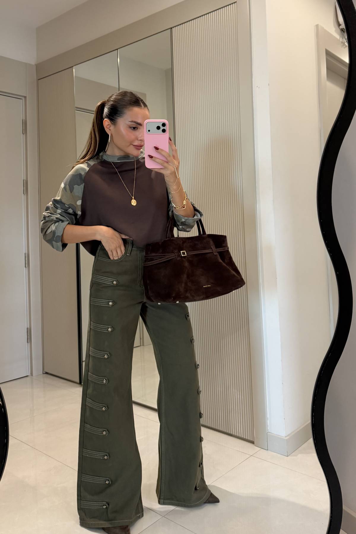 Evelyn Khaki Epaulette Palazzo Trousers — photograph 4