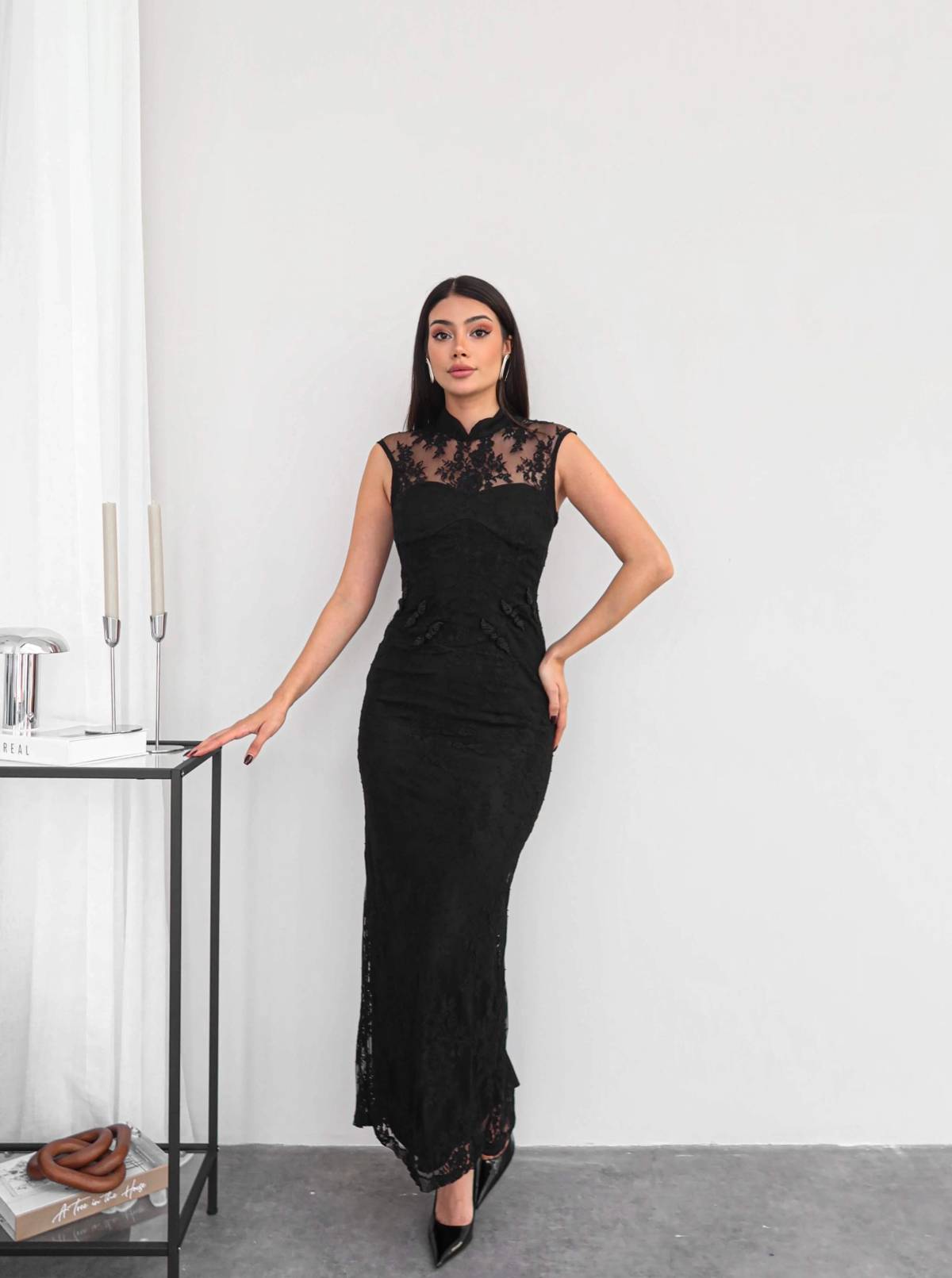 High Neck Open Back Lace Dress