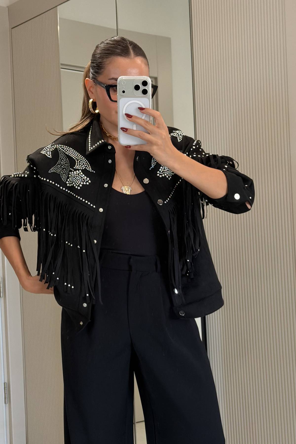 Yuliana Stone Embroidered Tassel Designer Jacket — photograph 3