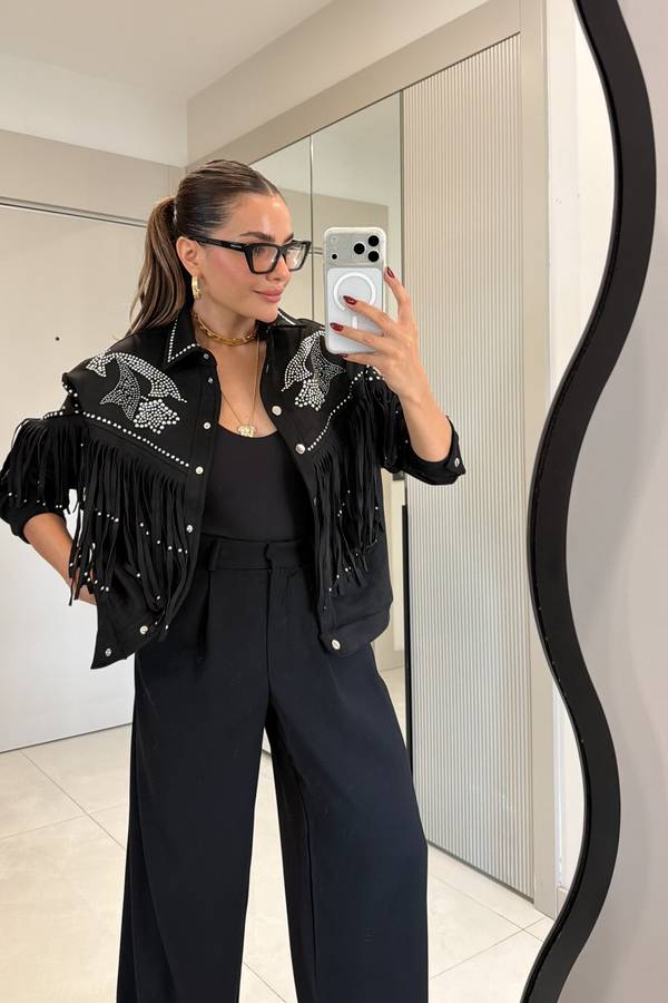 Yuliana Stone Embroidered Tassel Designer Jacket