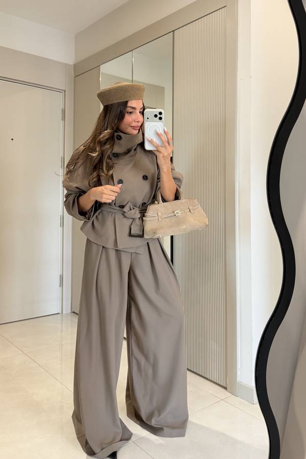 Mirae High Neck Belted Jacket And Wide Leg Trousers Set