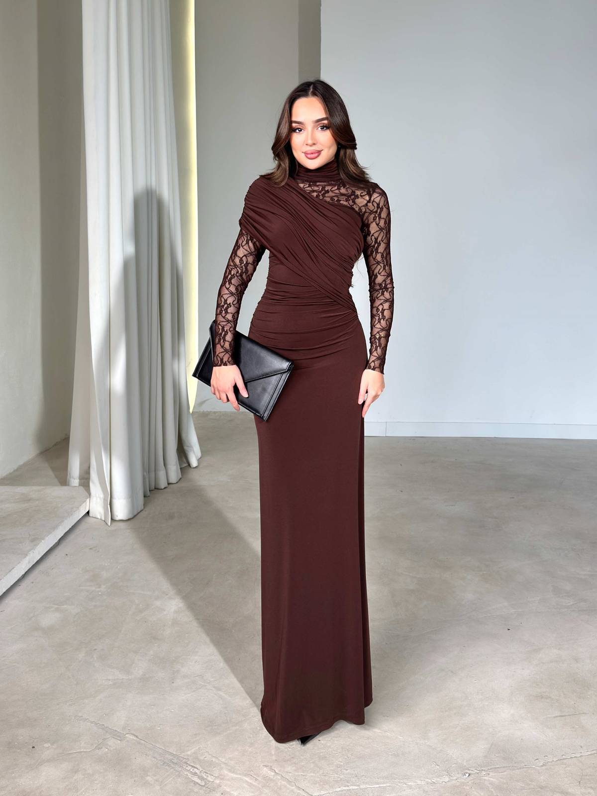 Side Draped Lace Detail Maxi Length Brown Moana Dress — photograph 2