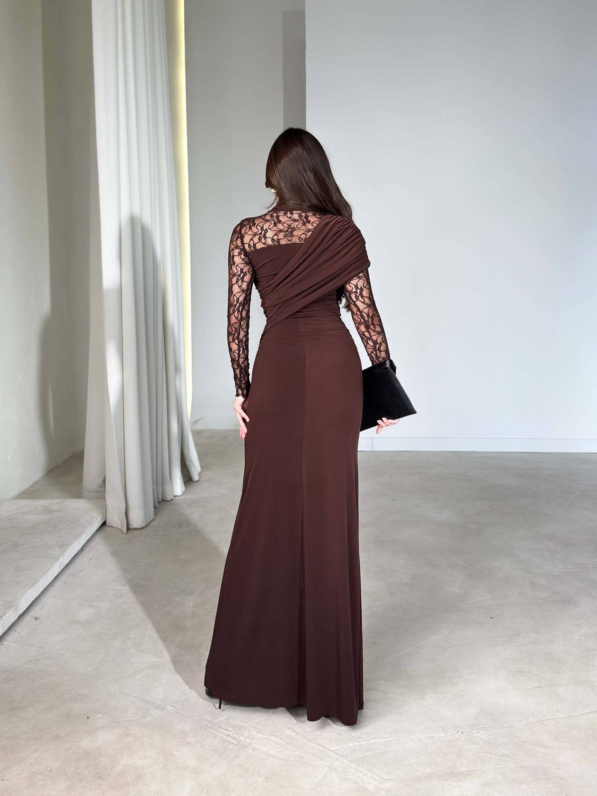 Side Draped Lace Detail Maxi Length Brown Moana Dress — photograph 3