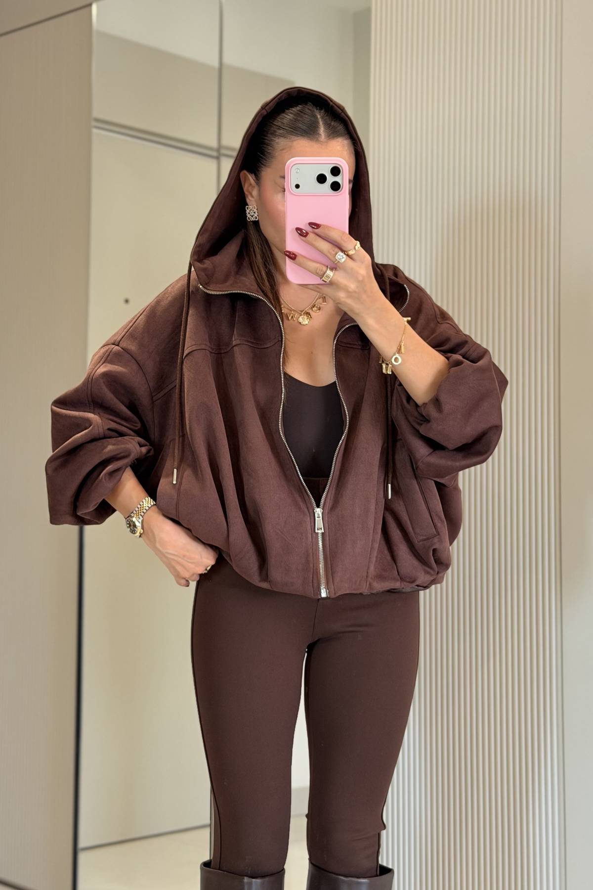 Valeur Hooded Suede Bomber Jacket — photograph 4