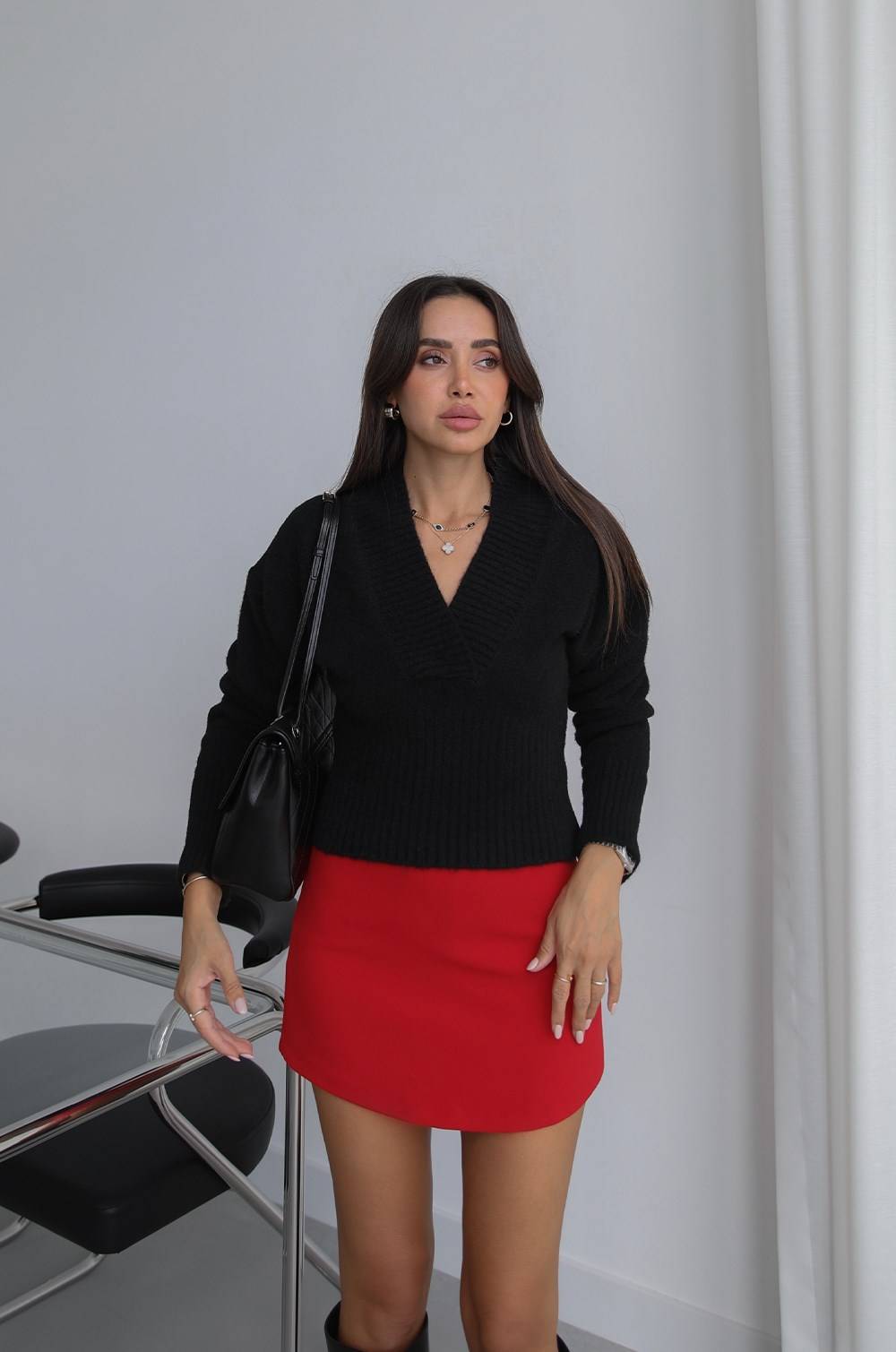 Black V-Neck Ribana Ribbed Jumper — photograph 2