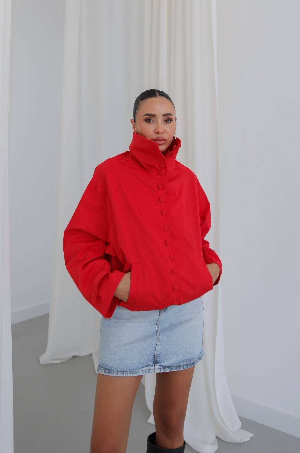 Covered Button High Neck Jacket — photograph 4