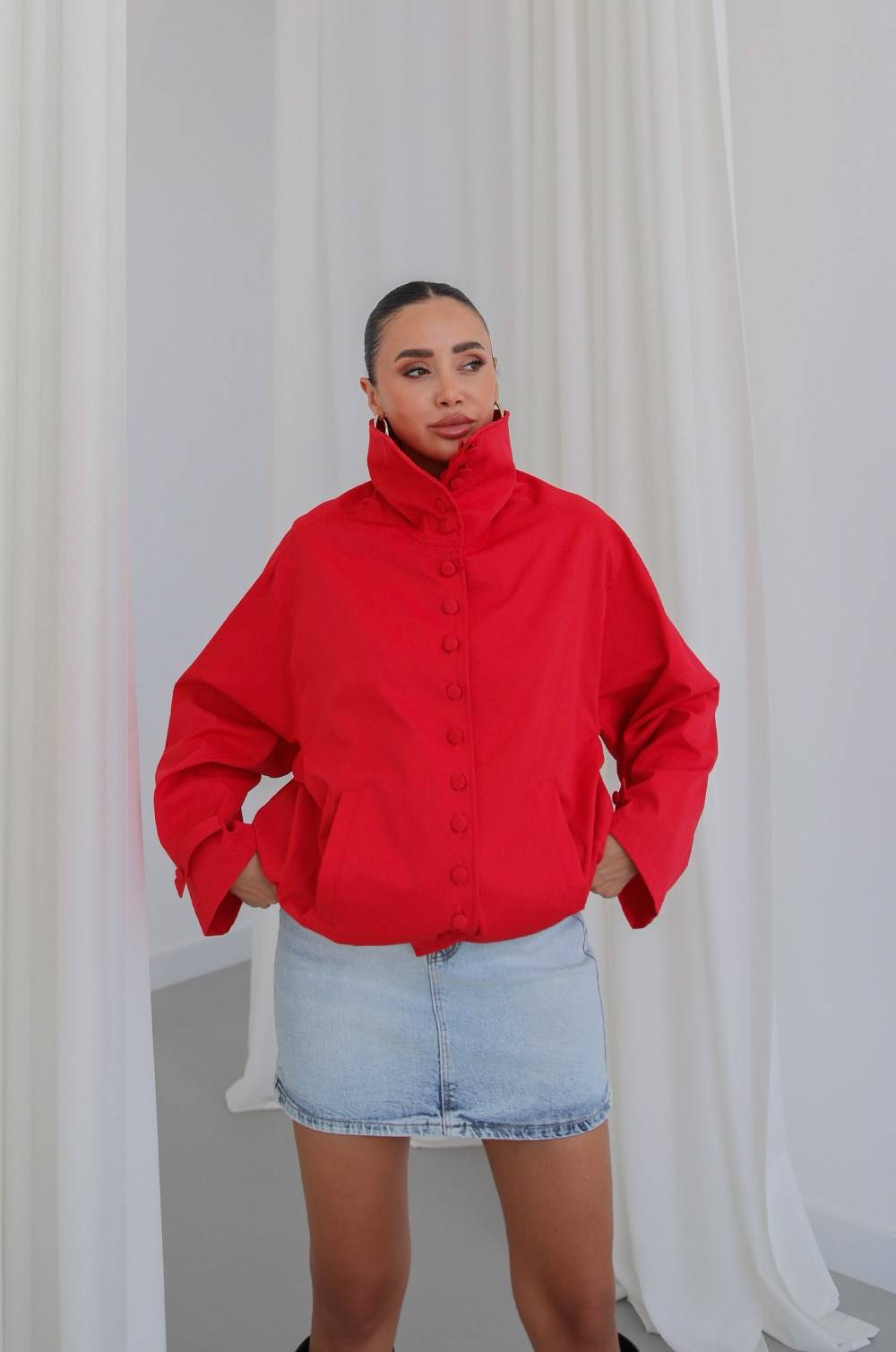 Covered Button High Neck Jacket — photograph 5