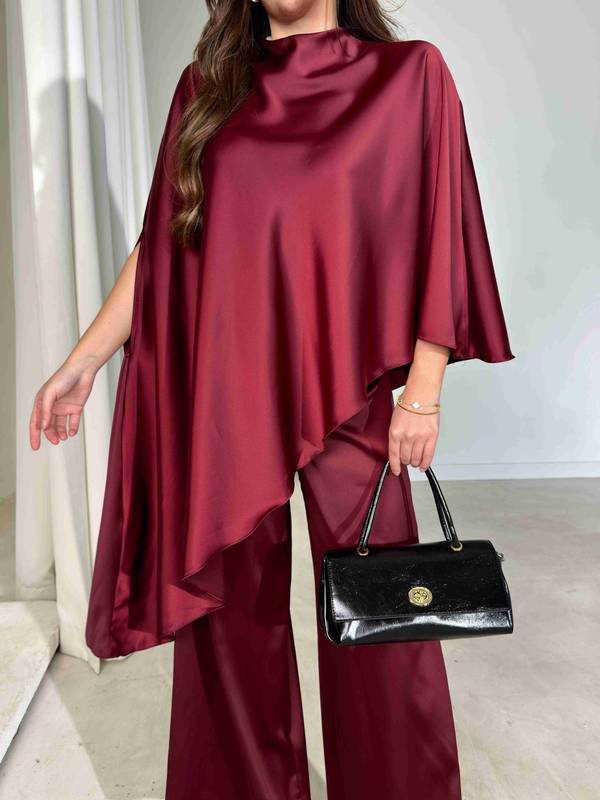 Asymmetric Poncho Blouse Satin Carlo Two Piece Set