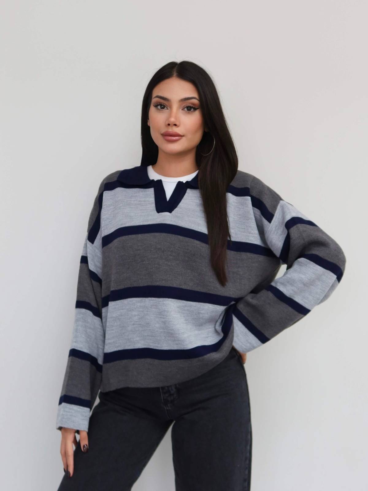 Polo Neck Chunky Striped Jumper