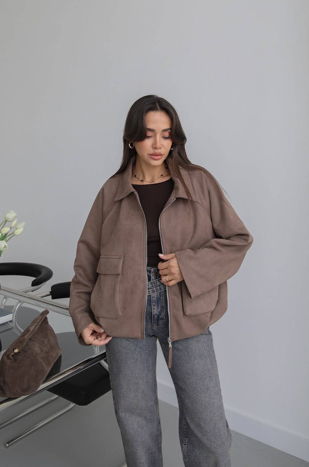 Patch Pocket Suede Bomber Jacket — photograph 4