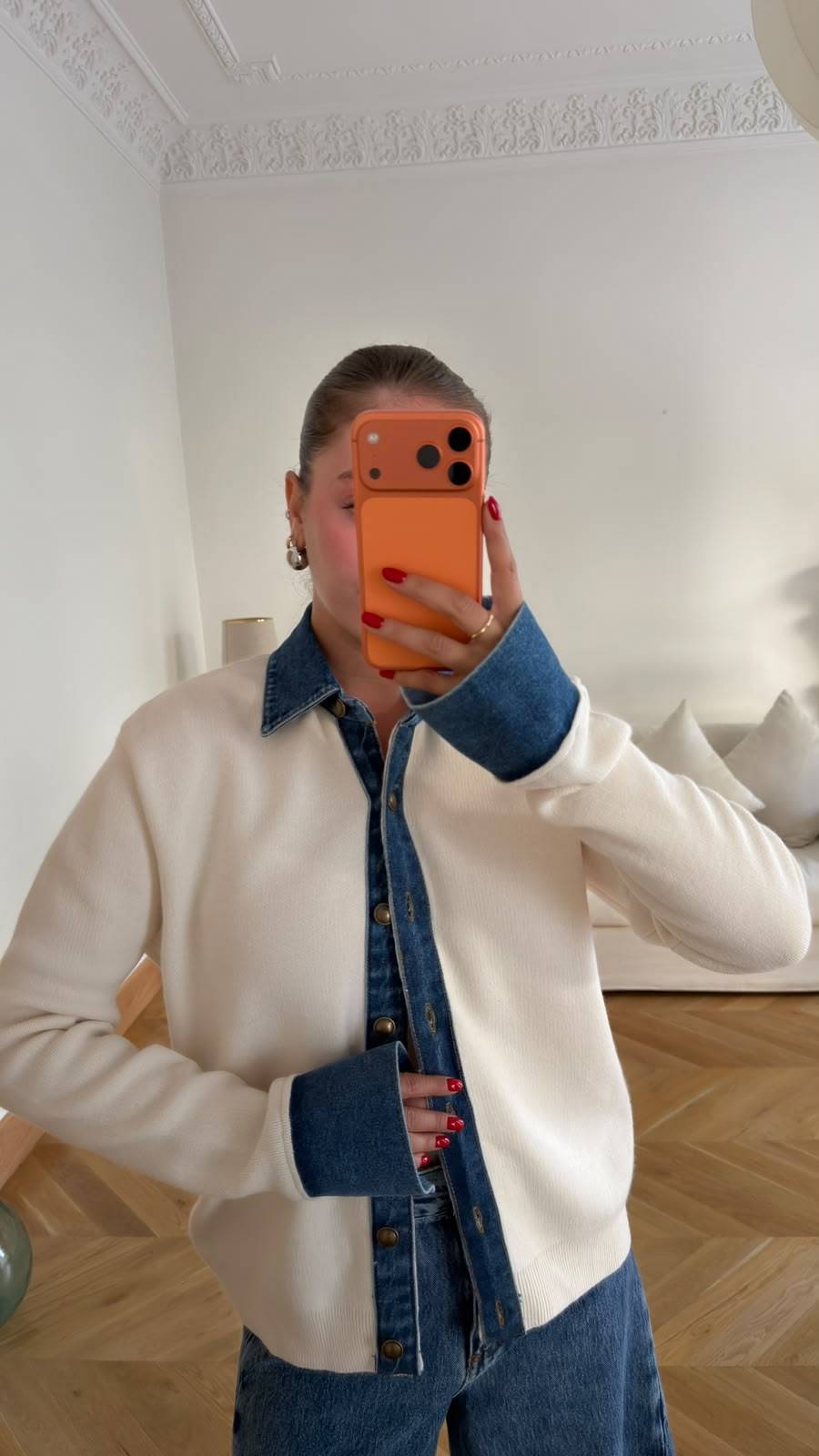 Polo Neck Denim Detail Cardigan