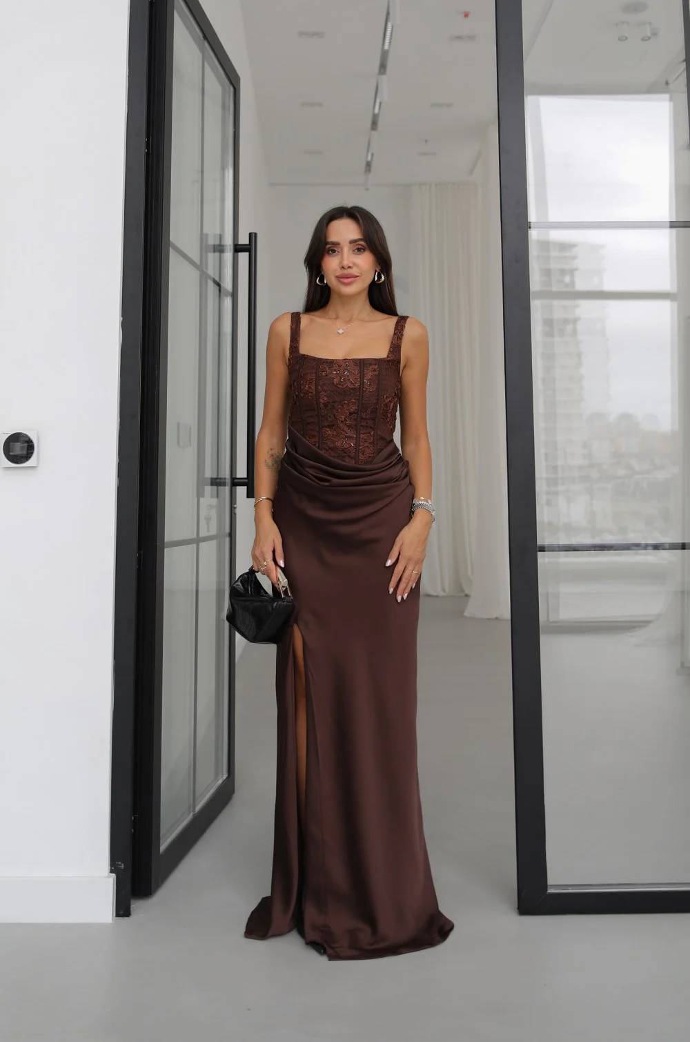 Embroidered Corset Detail Slit Dress