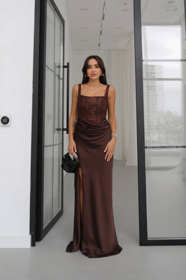 Embroidered Corset Detail Slit Dress