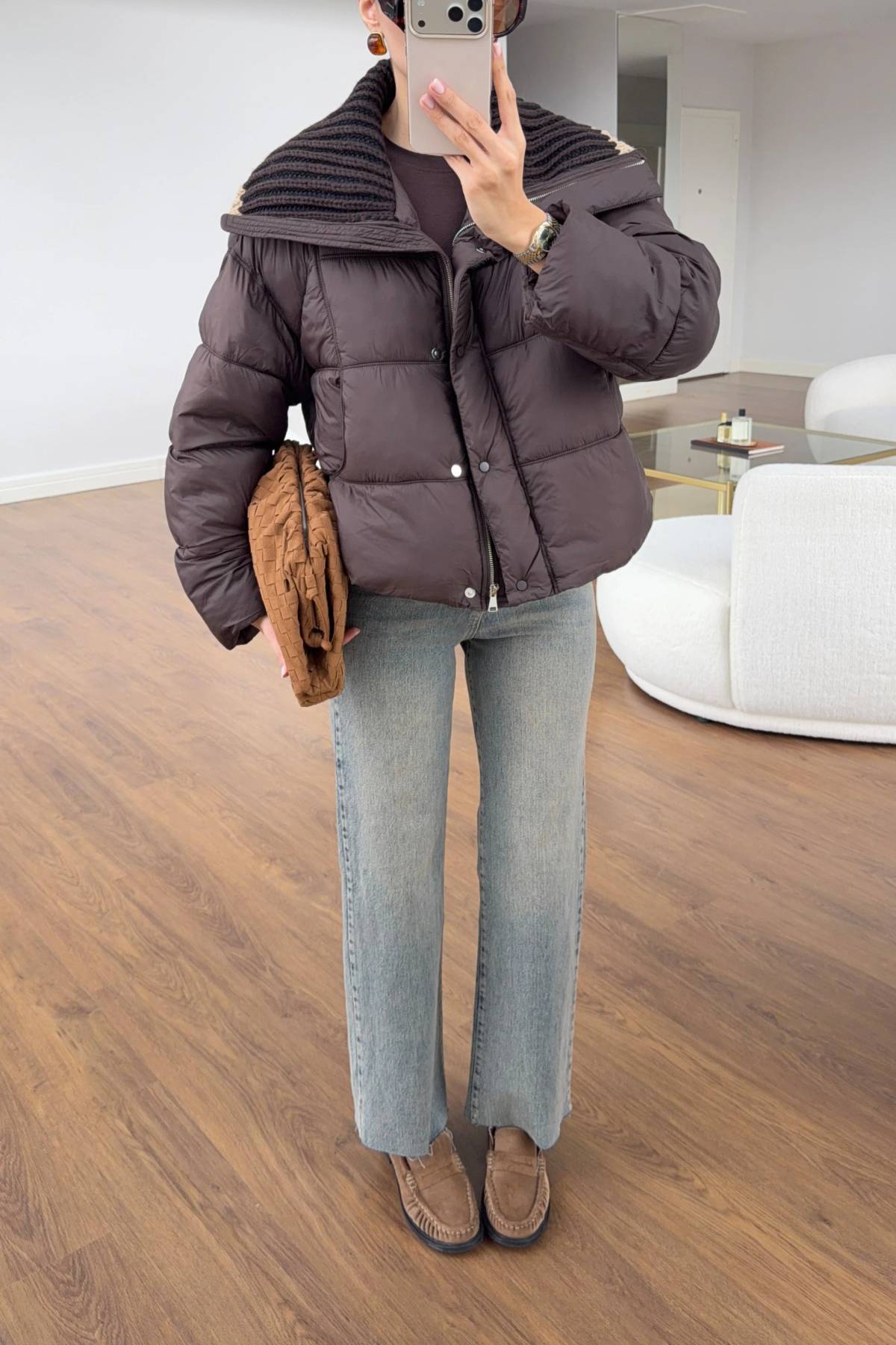 Brown Knit Neck Detail Puffer Mont — photograph 4