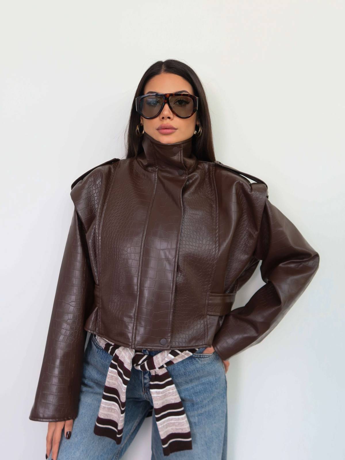 Epaulette Stand Collar Leather Jacket