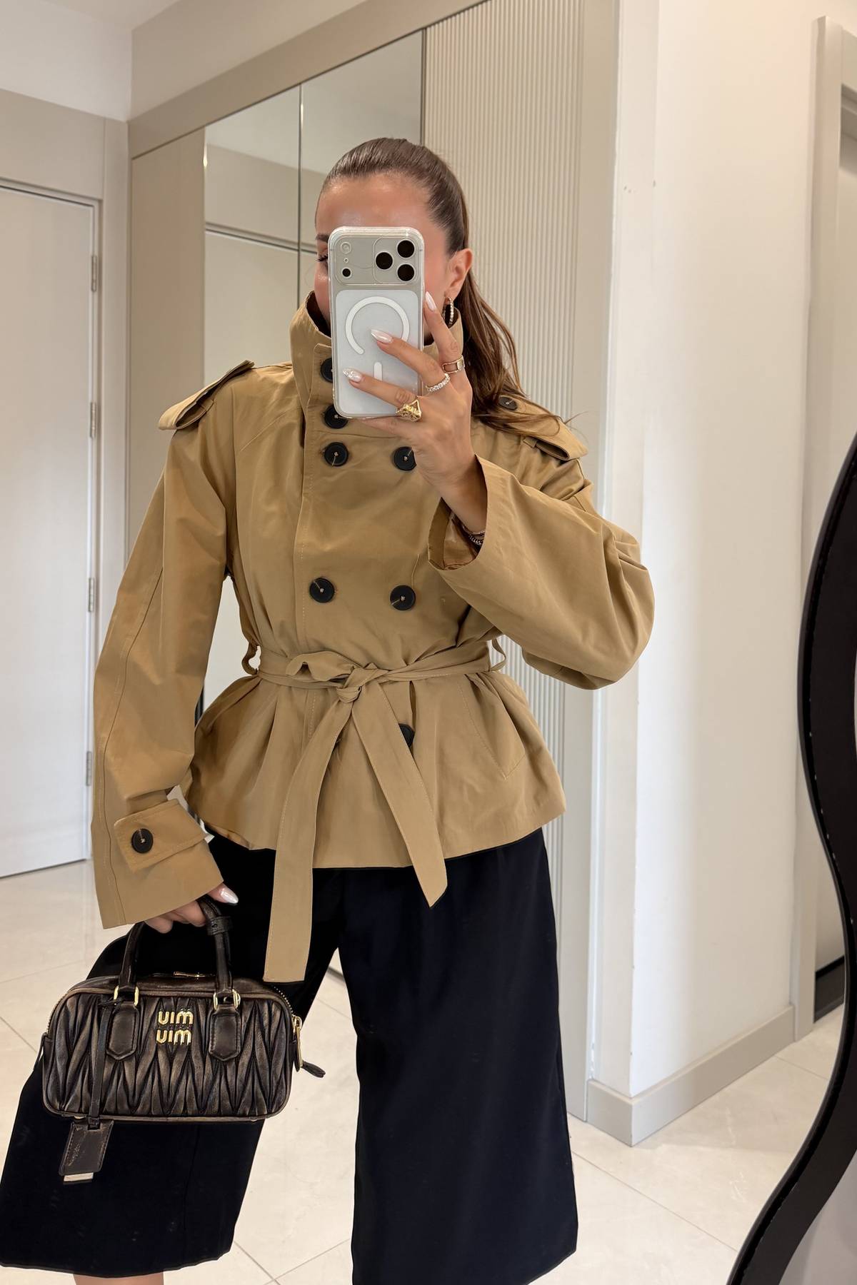 Saphira Camel Sashed Short Trench Coat — photograph 2