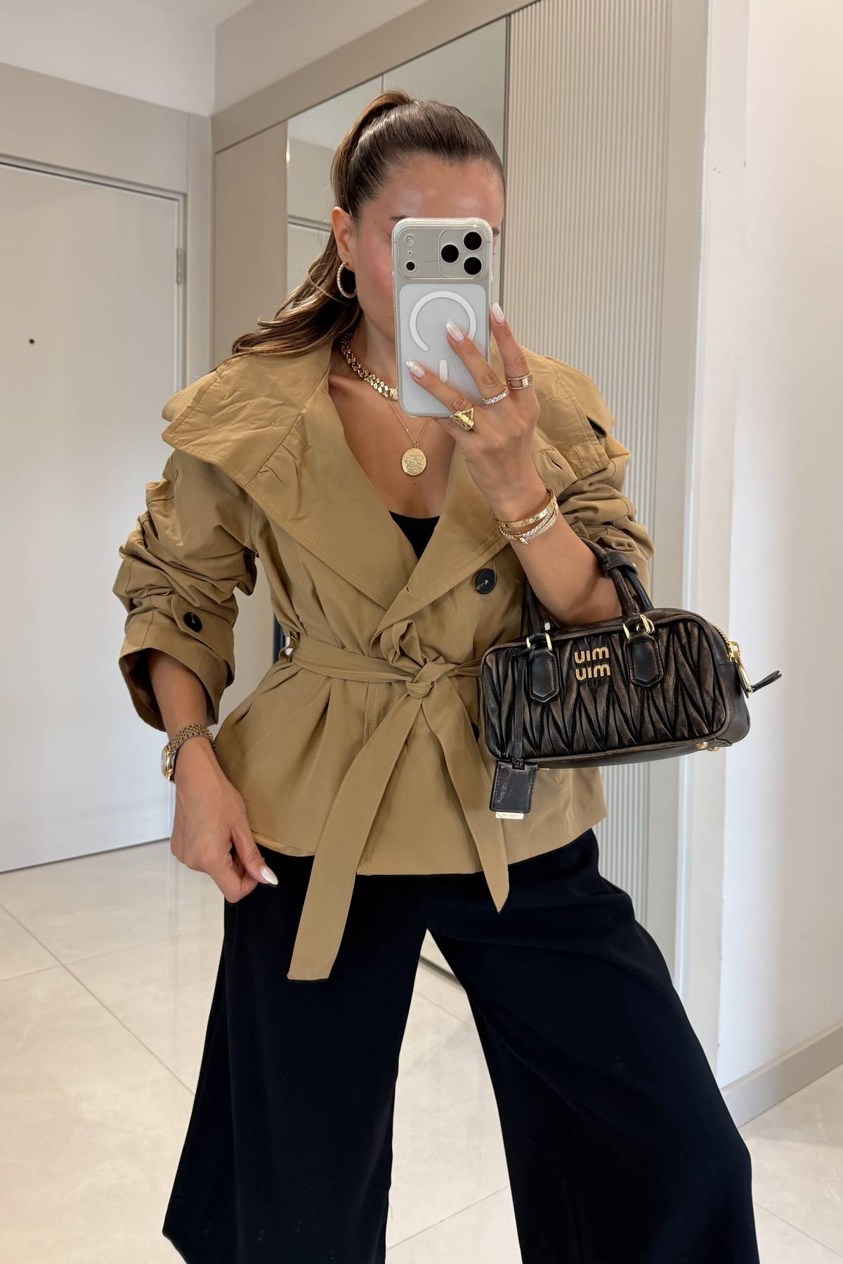Saphira Camel Sashed Short Trench Coat — photograph 3