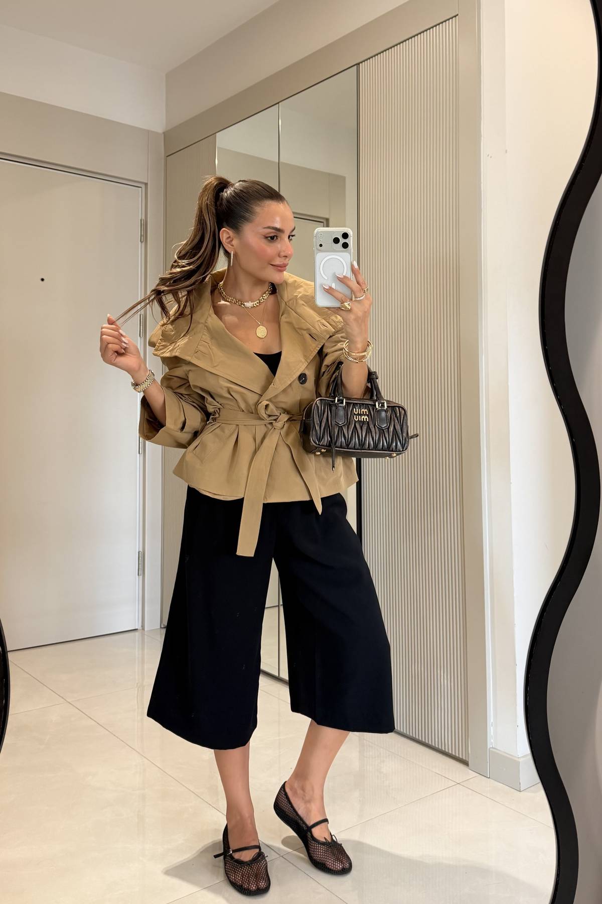 Saphira Camel Sashed Short Trench Coat — photograph 5