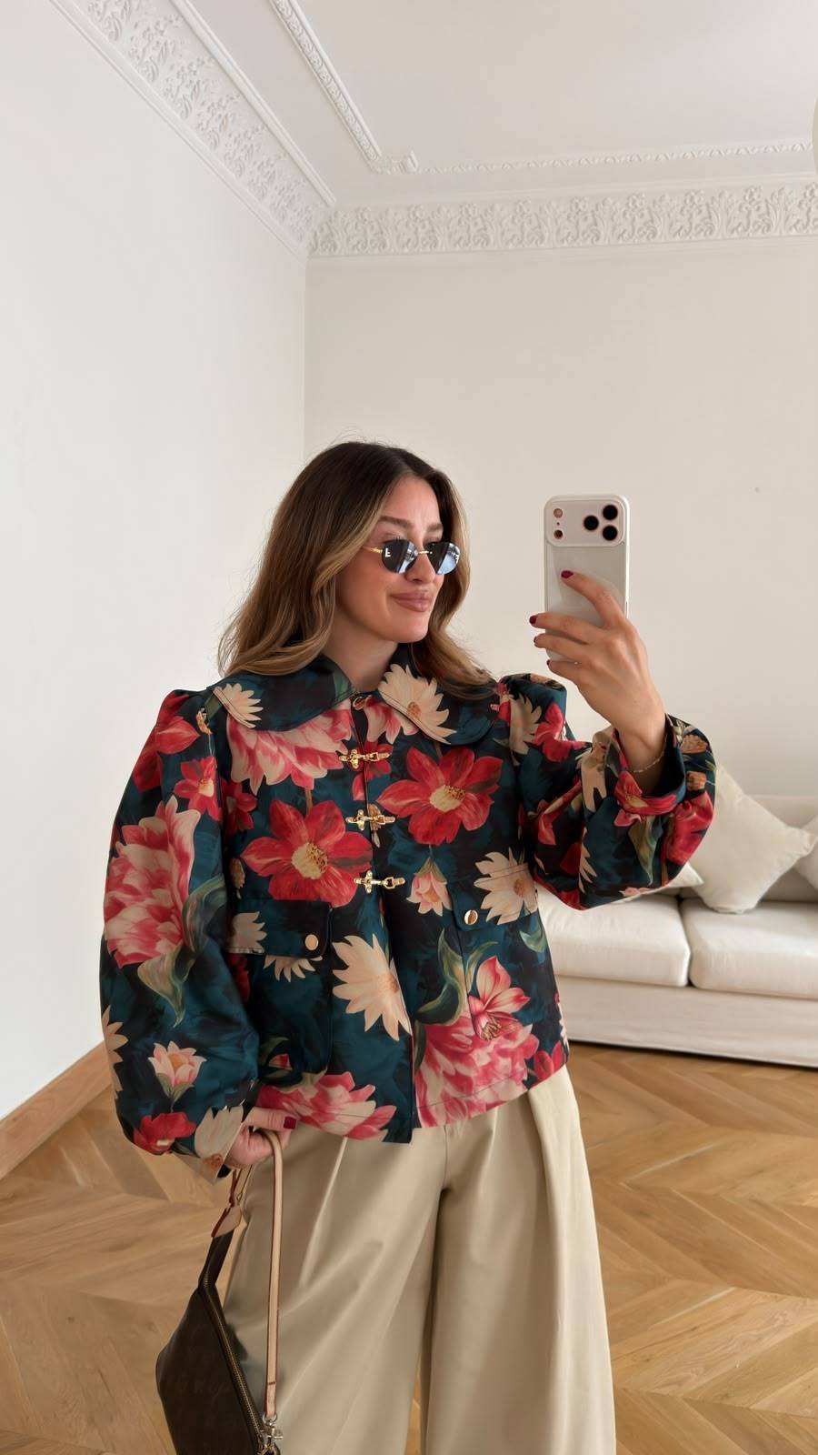 Peter Pan Collar Puff Sleeve Floral Patterned Jacket