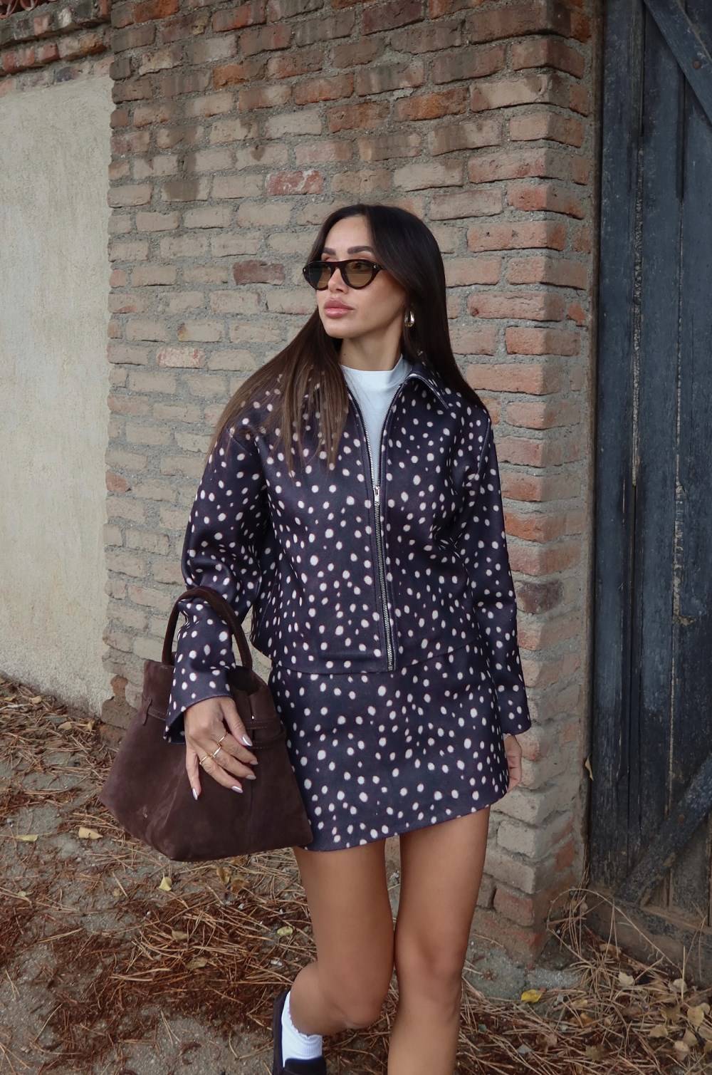Brown Bambi Patterned Jacket Skirt Set — photograph 2