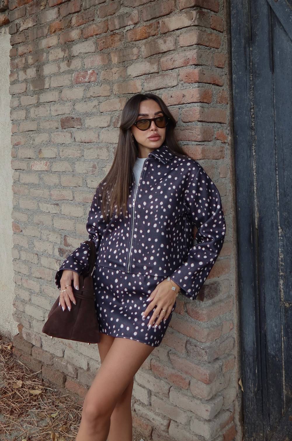 Brown Bambi Patterned Jacket Skirt Set — photograph 4