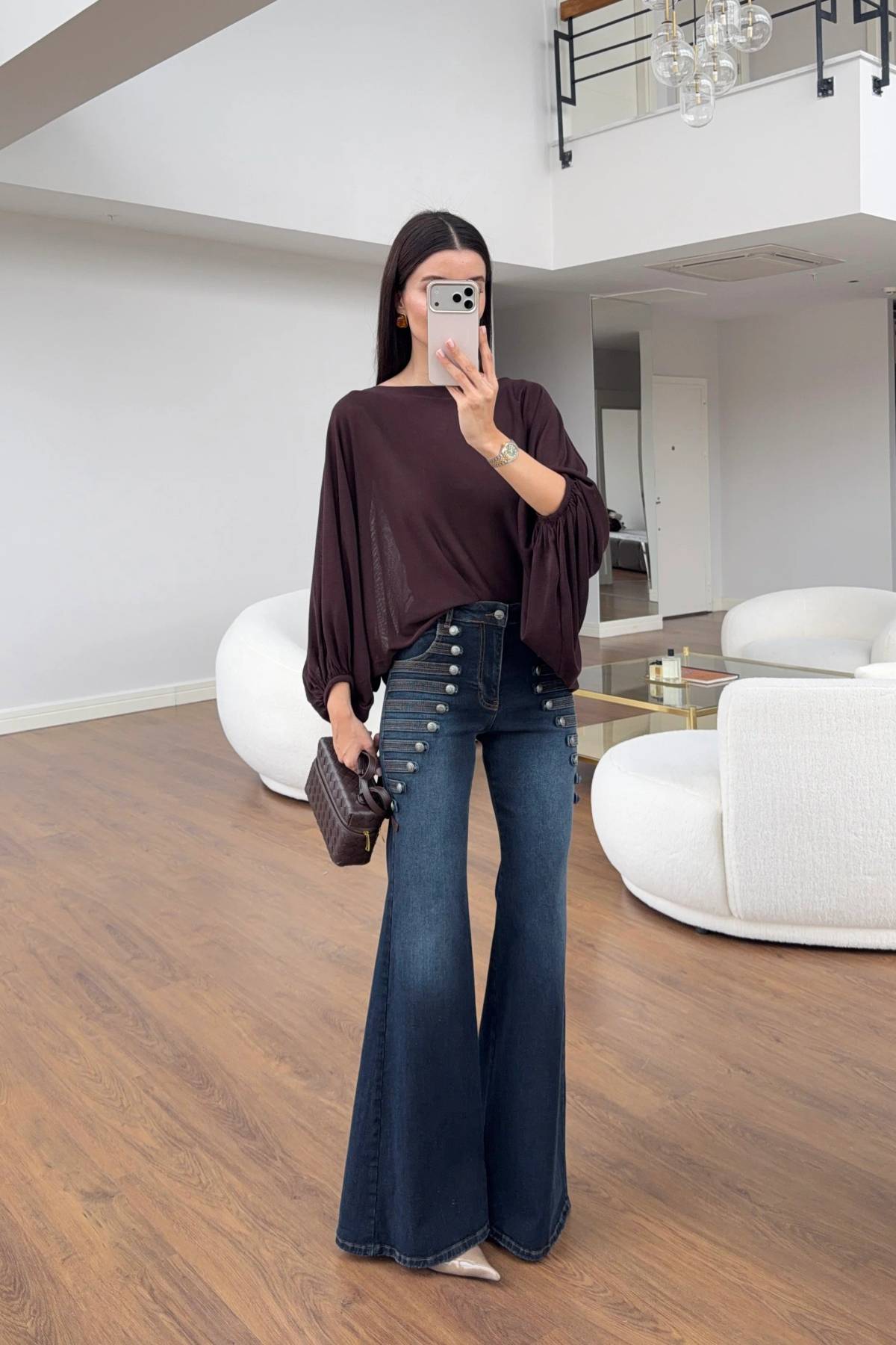 Multi Button Detail High Waist Flare Jeans