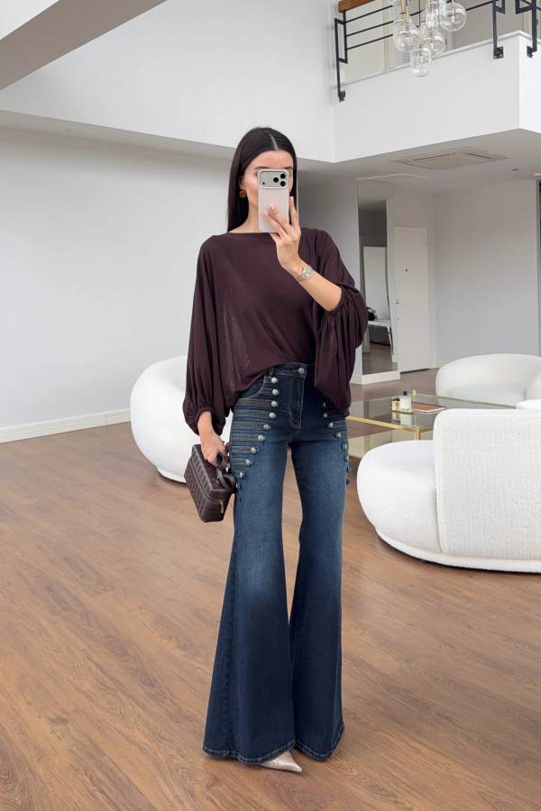 Multi Button Detail High Waist Flare Jeans
