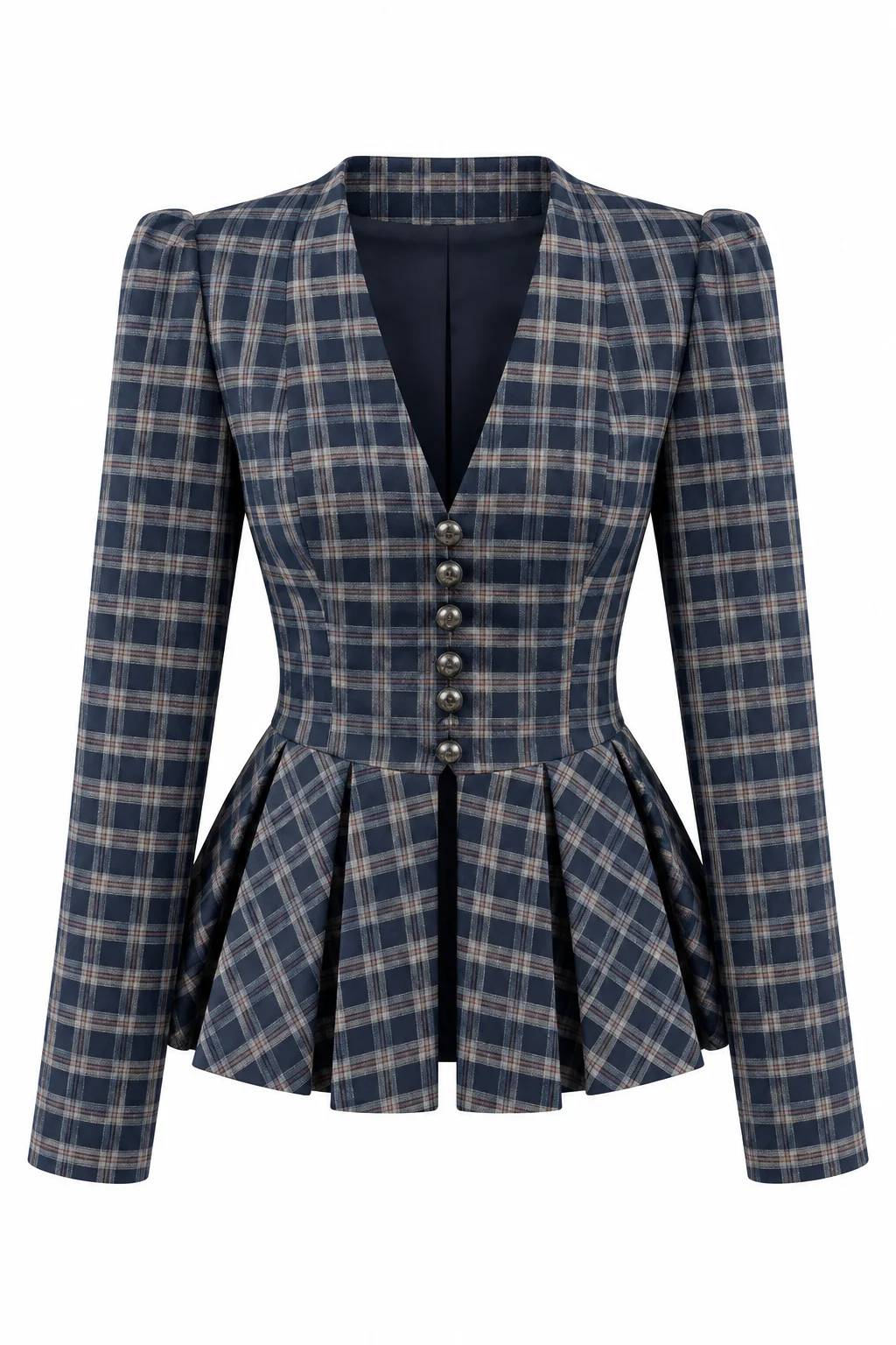 Navy Checked Pleated Peplum Jacket — photograph 2