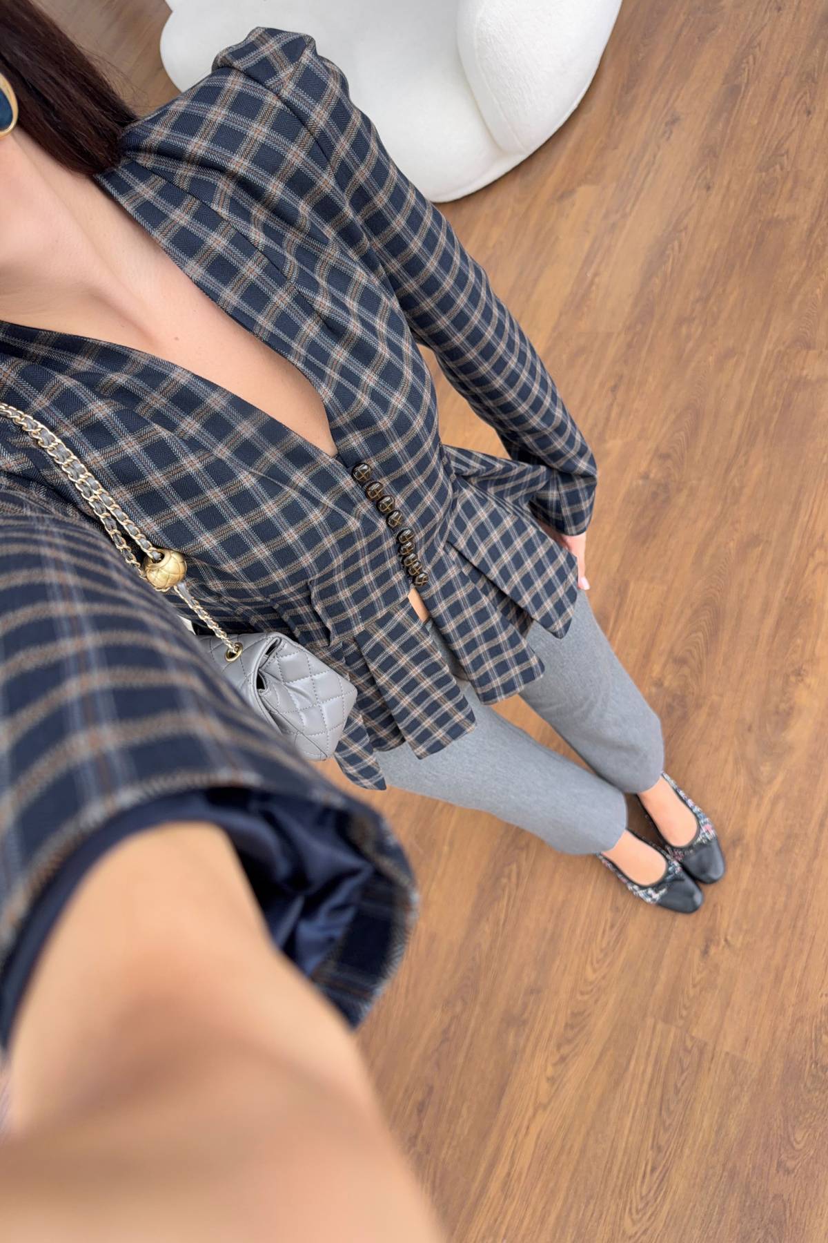 Navy Checked Pleated Peplum Jacket — photograph 3