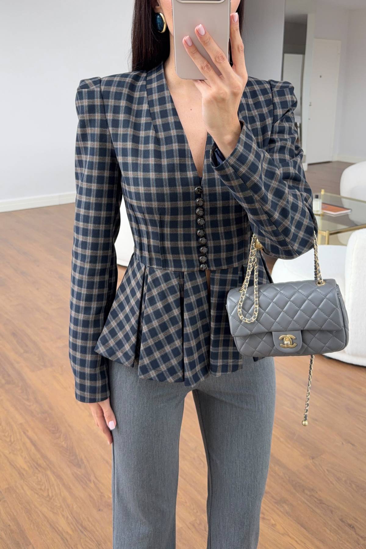 Navy Checked Pleated Peplum Jacket — photograph 4
