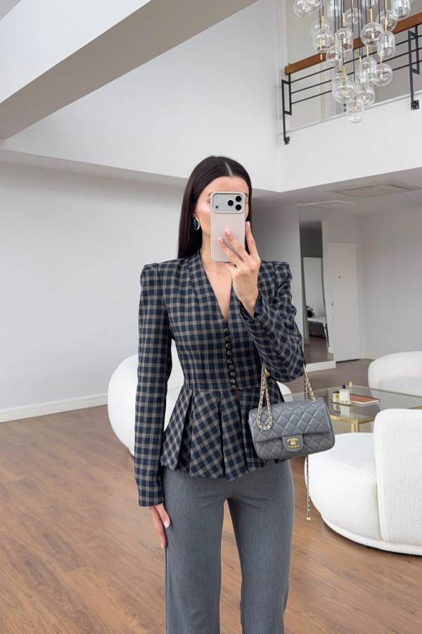 Plaid Pleated Peplum Jacket