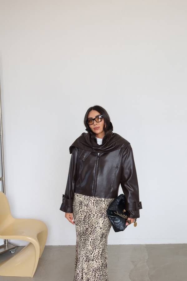 High Neck Panel Detail Leather Jacket