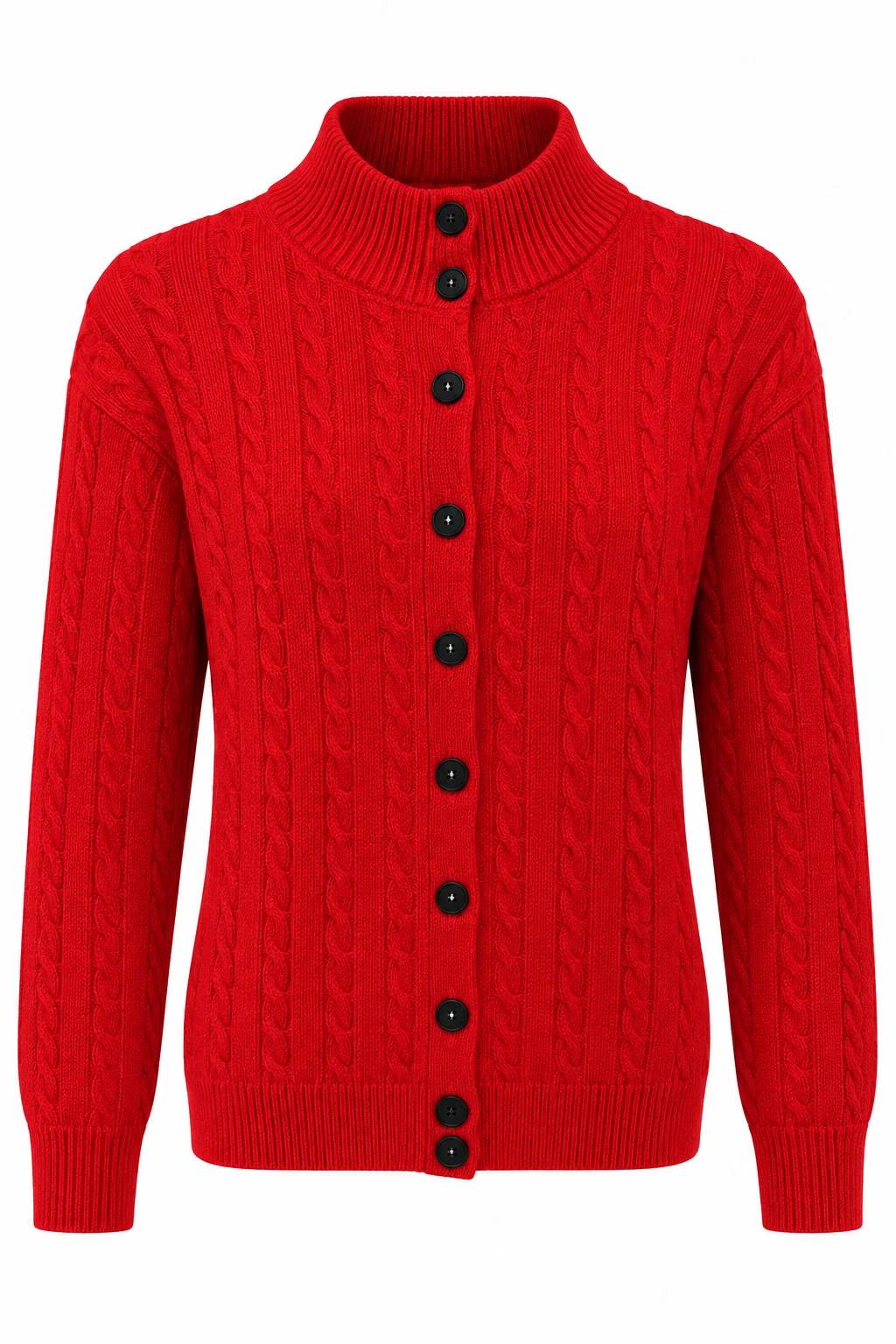 Red High Neck Cable Knit Cardigan — photograph 2