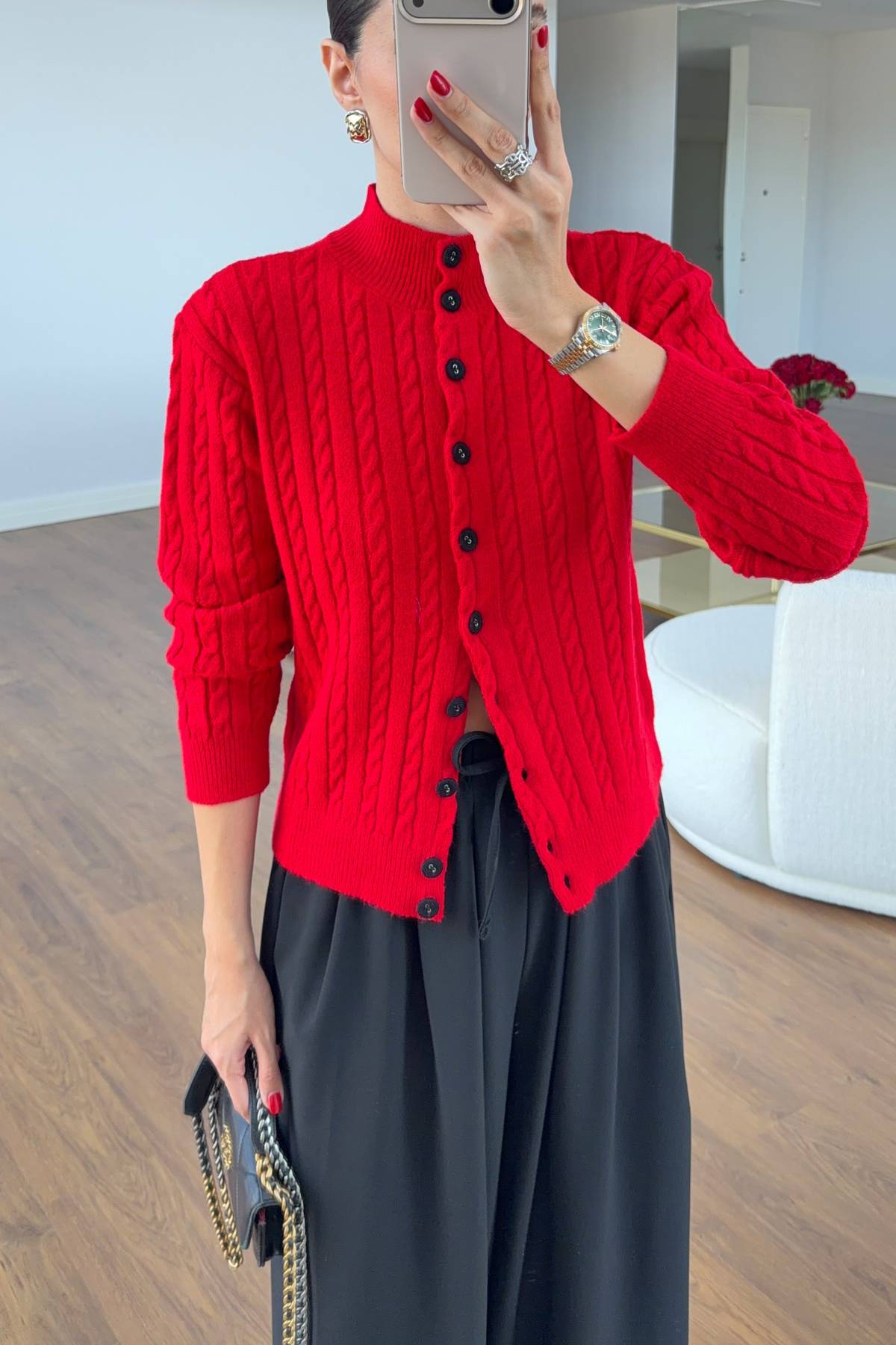 Red High Neck Cable Knit Cardigan — photograph 4