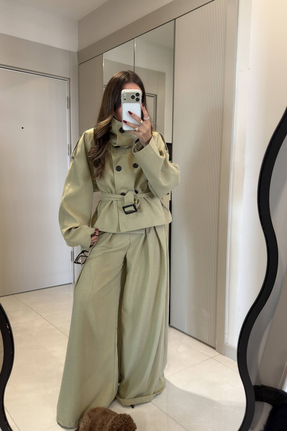 Mirae Khaki High Neck Belted Jacket Bol Trousers Set — photograph 2