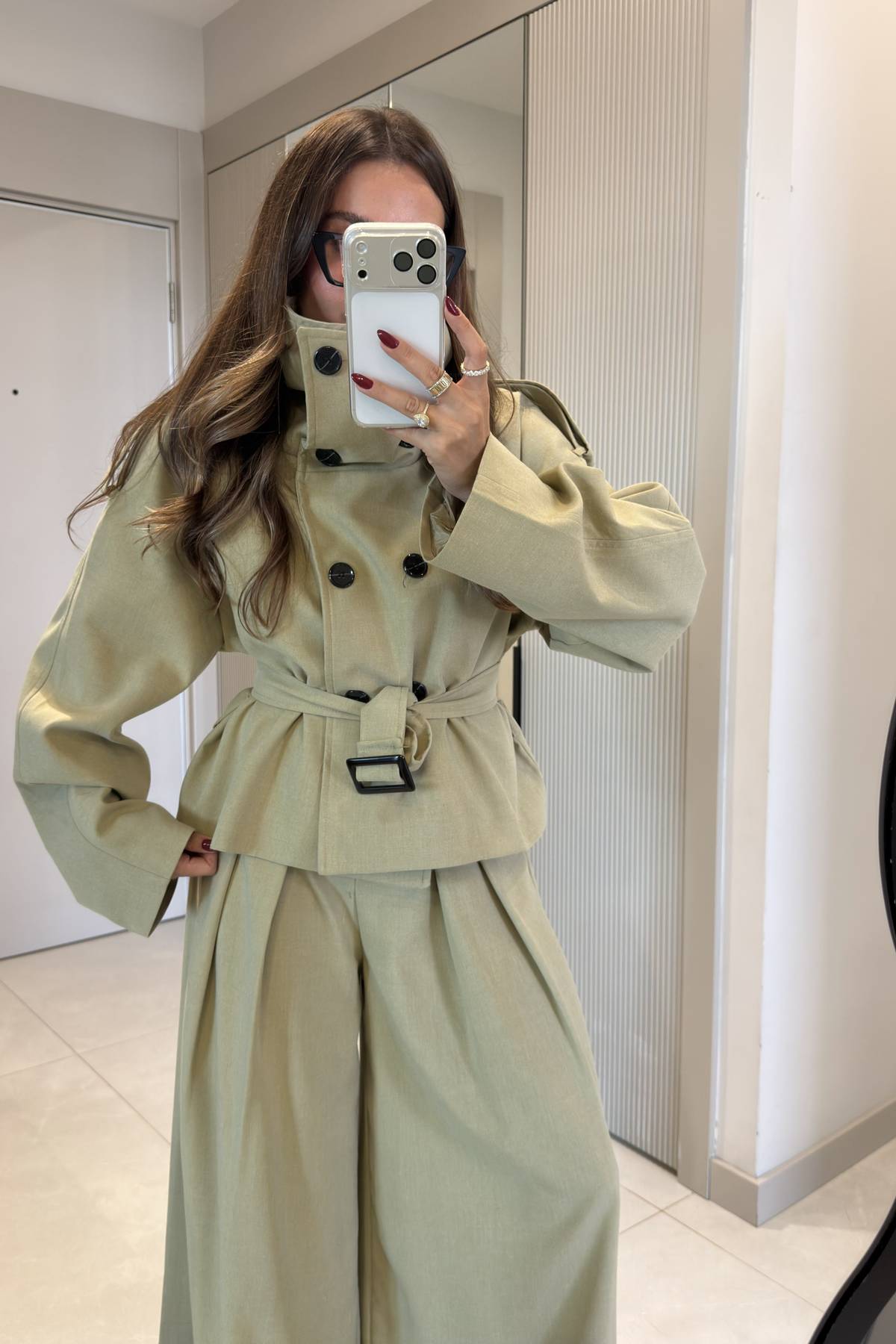 Mirae Khaki High Neck Belted Jacket Bol Trousers Set — photograph 3