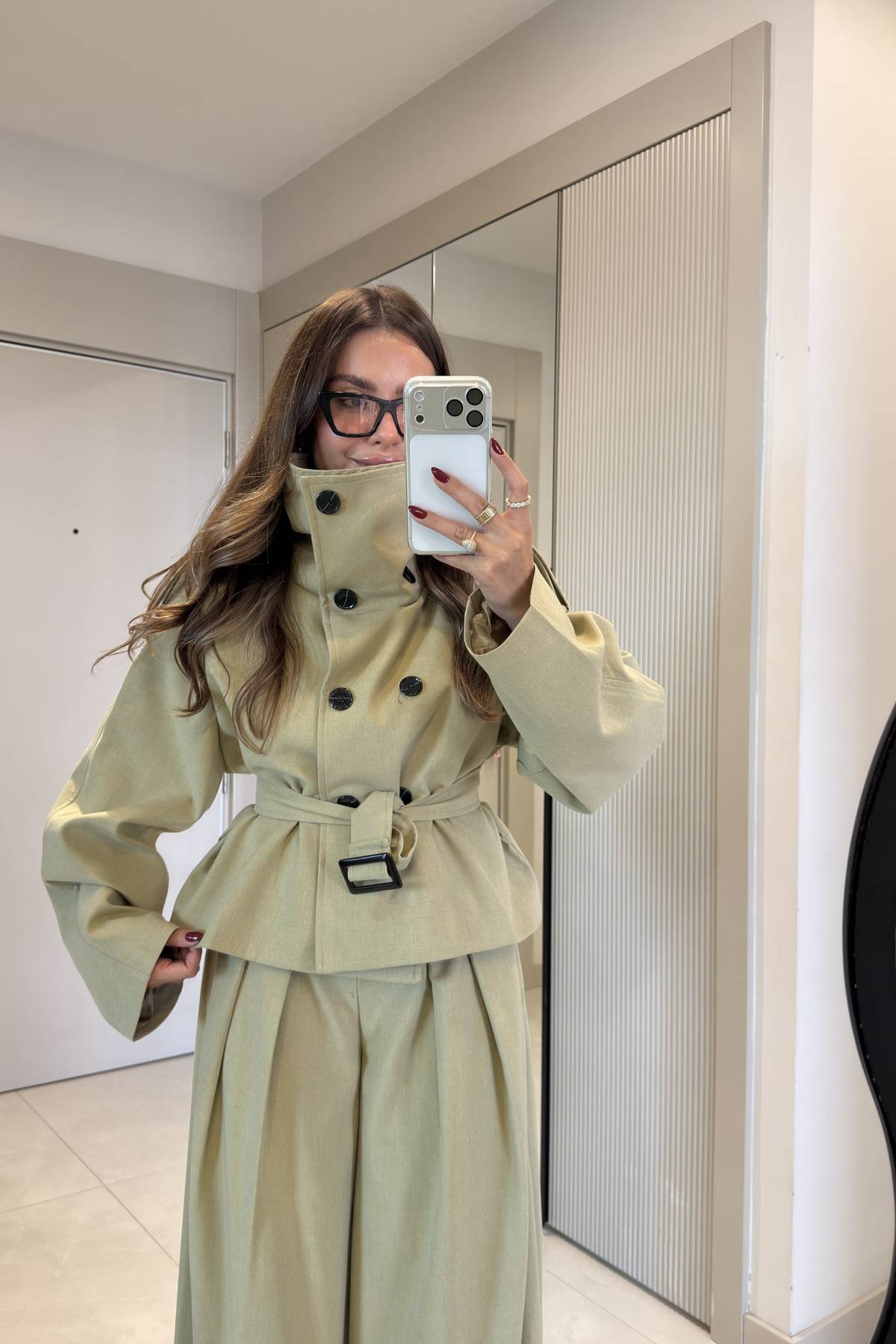 Mirae Khaki High Neck Belted Jacket Bol Trousers Set — photograph 4