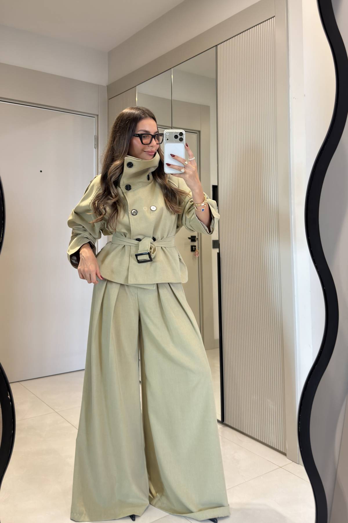Mirae Stand Collar Belted Jacket Wide Leg Trousers Set