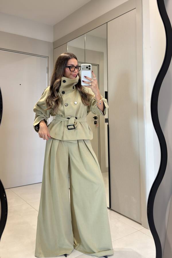 Mirae Stand Collar Belted Jacket Wide Leg Trousers Set