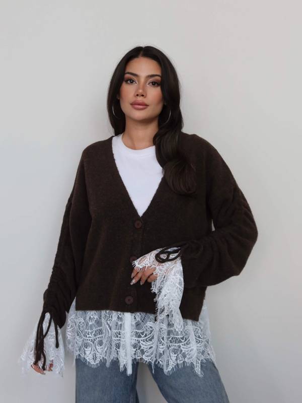 Lace Detail Gathered Sleeve Knit Cardigan